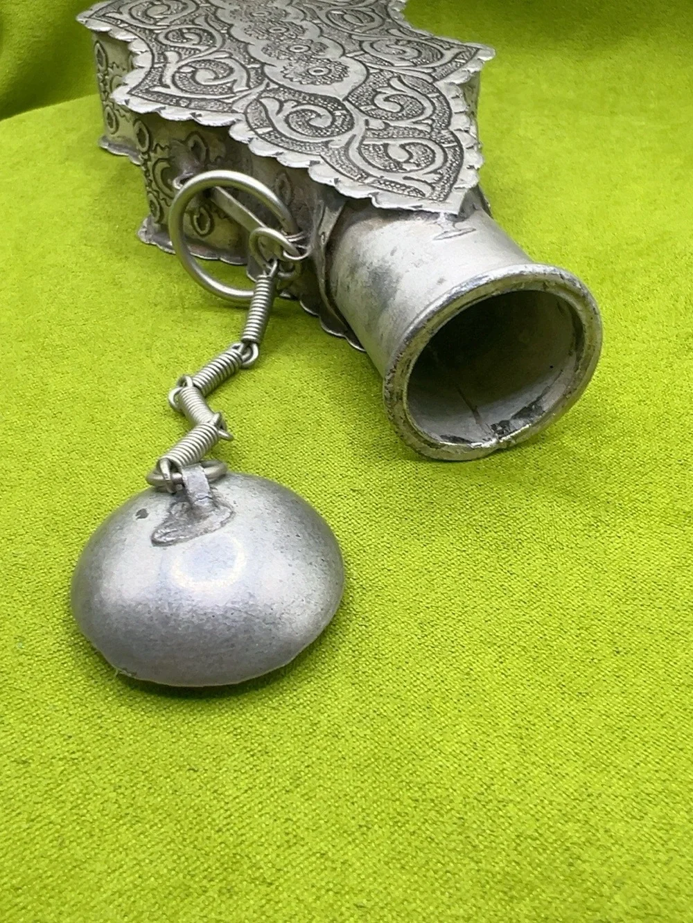 Antique Bedouin Kohl Flask Silver-Tone Engraved Middle Eastern Tribal Vessel